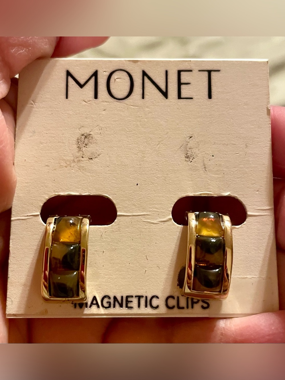 Monet Gold and Olive-Accent Magnetic Clip Earrings
